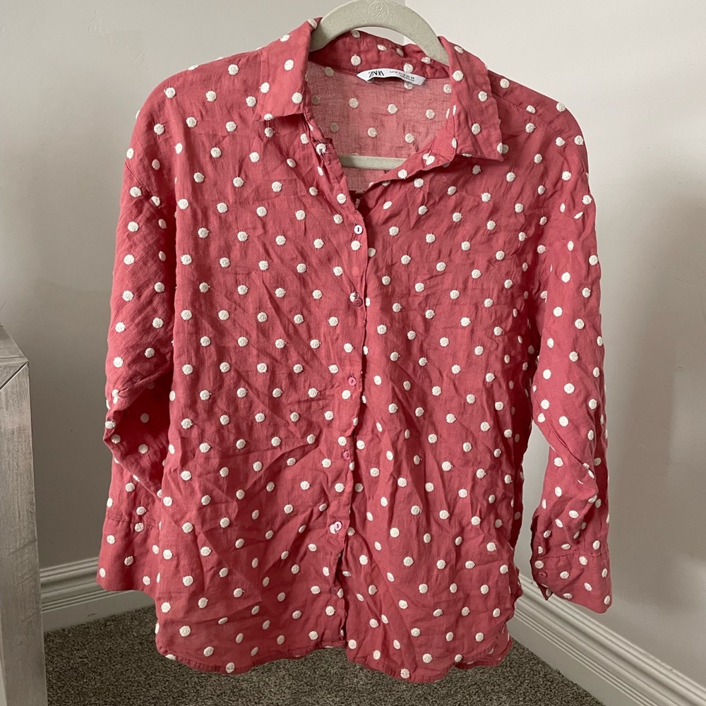 Zara polka dot pink button up Medium